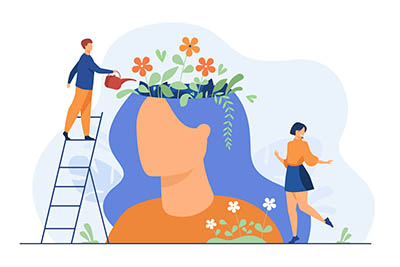 Tiny people and beautiful flower garden inside female head illustration
