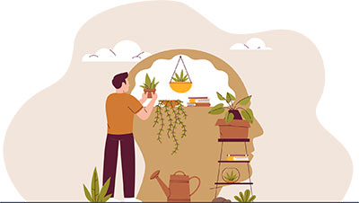 Cartoon man tending to plants in a large head